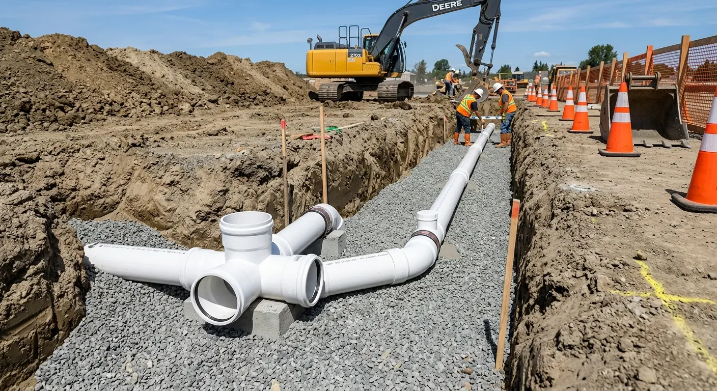 New PVC sewer pipe installation in open trench for Sewer Backup in Lakeland