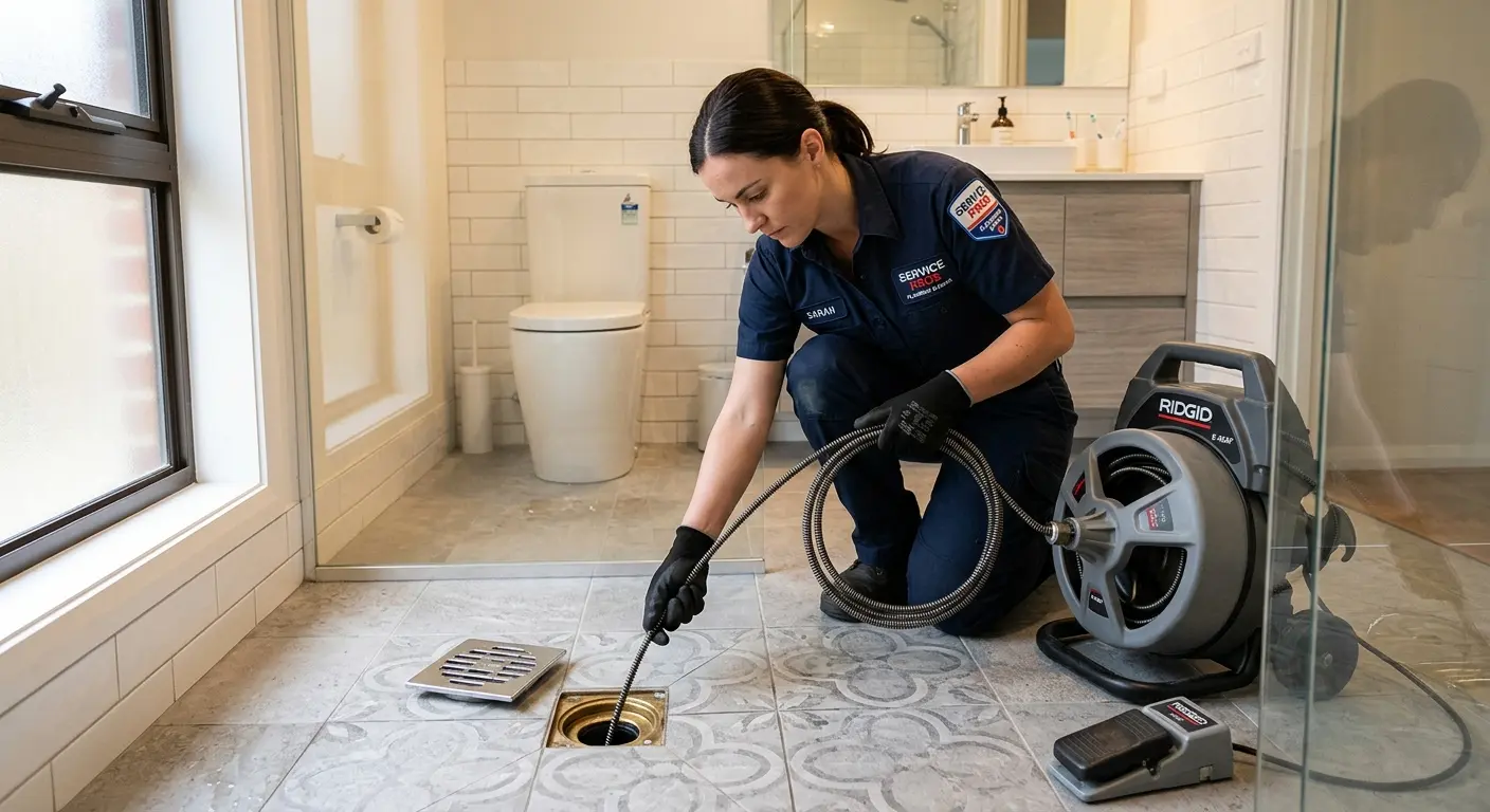 Technician clearing a bathroom floor drain for Drain Cleaning in Lakeland